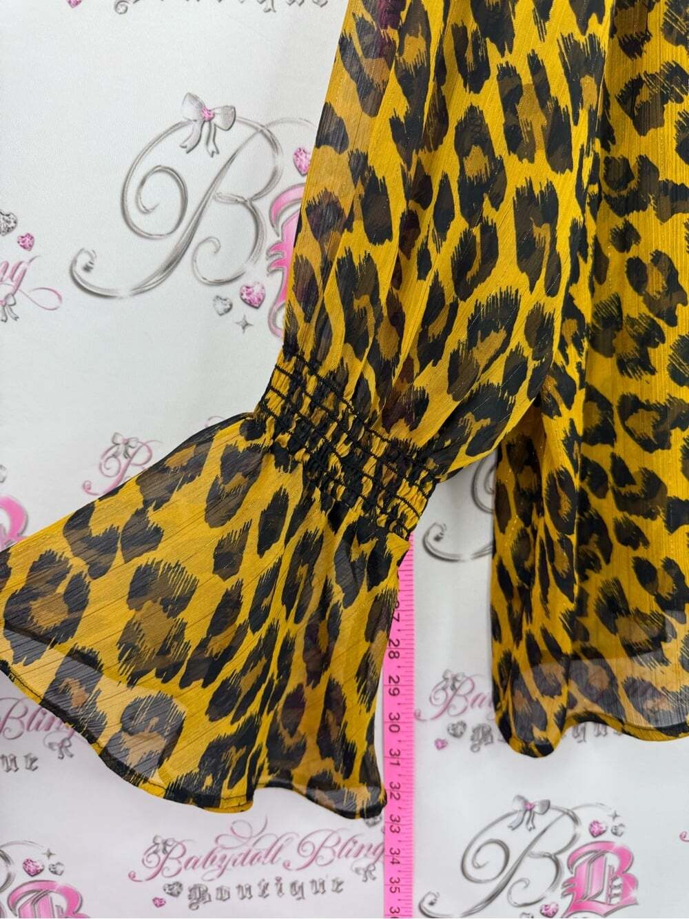 Joseph Ribkoff sparkly Yellow and Black Leopard Print Button-Front Blouse ruffle - Picture 3 of 7